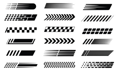 Naklejka premium Diverse set of black racing speed lines and automotive vinyl decal elements featuring dynamic motion effects on a white background.