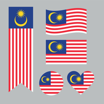 Malaysia flag vector set featuring standard rectangle, waving design, vertical hanging banner, round circle badge, and heart shape isolated on a gray background