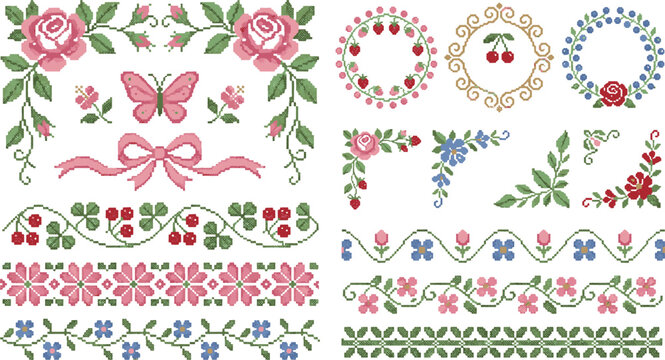 Set of decorative floral embroidery elements with roses and butterflies for fabric craft cross stitch embroidery butterfly stitching needlework ornament handmade decoration blooming