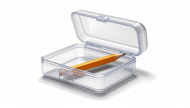 Clear plastic box with hinge lid open showing one orange pencil inside isolated on white
