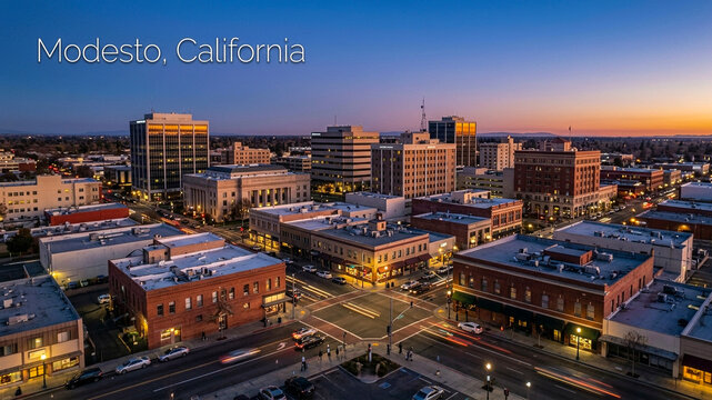 An aerial night view of Modesto, California, showing glowing streets, busy traffic, and the city's architectural layout during dusk