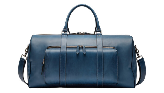 Isolated luxurious blue leather duffel travel bag with a shoulder strap and front pockets