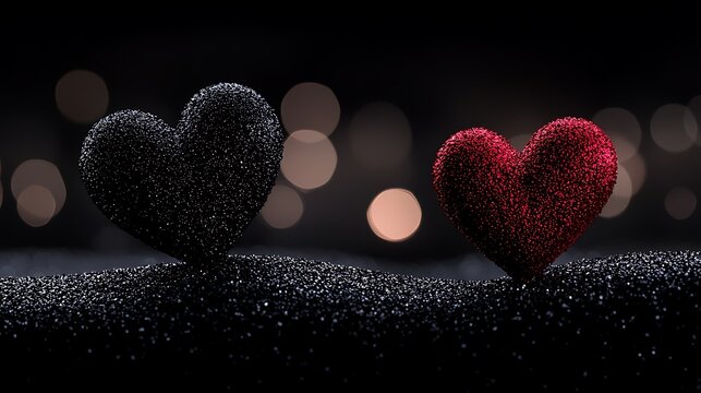 Dark romantic image featuring a black and red heart on textured surface, with blurred lights in background