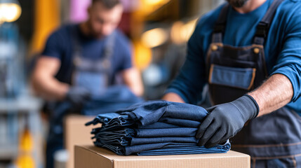 Fototapeta premium Warehouse Workers Stack Folded Garments on Cardboard Box for Shipment