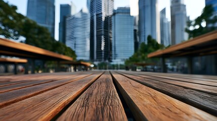 Obraz premium A ground level view captures the dynamic skyline of a financial district contrasted with polished wooden tables and intricate interior details