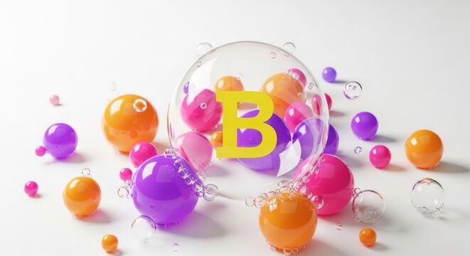 Colorful balls with letter b inside clear bubble on white