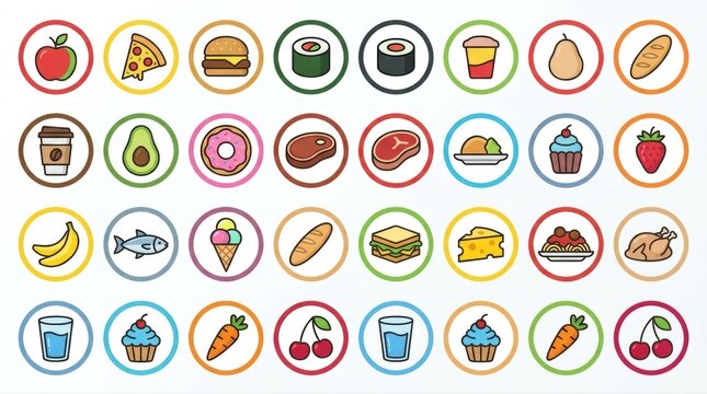 Colorful food icons set fruits vegetables fast food and healthy eating illustrations