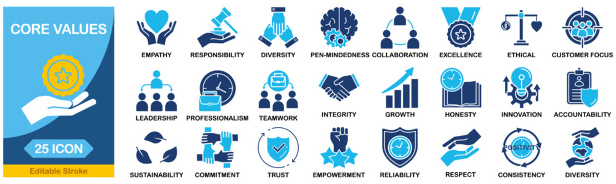 Core values icon set collection in Blue Monochrome Flat Design. Editable stroke. Vector illustration.