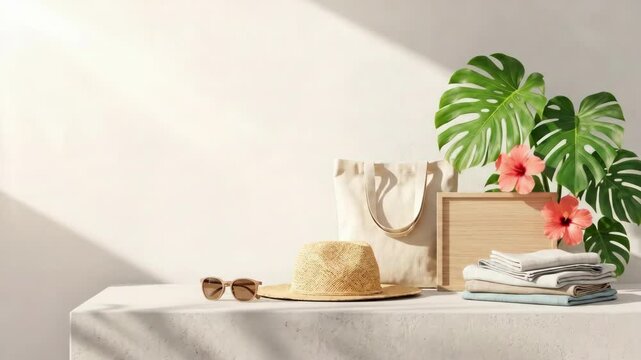 Flat lay arrangement of summer beach essentials on white surface. Tropical vacation lifestyle concept