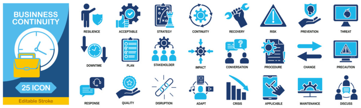 business continuity icon set collection in Blue Monochrome Flat Design. Editable stroke. Vector illustration.
