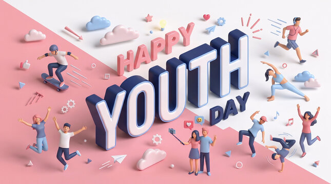 3D isometric illustration celebrating International Youth Day featuring happy young people engaged in various activities like skateboarding, running, yoga, dancing, and taking selfies.