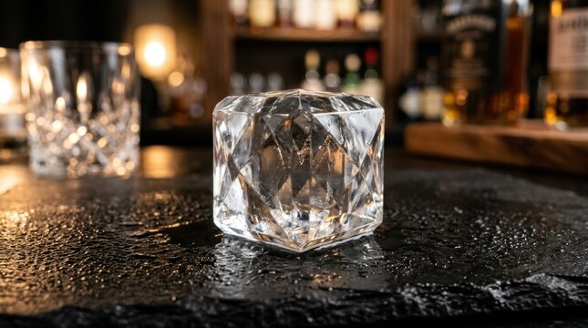 Large diamond shaped whiskey ice cube on a wet bar countertop with blurred bottles and glasses