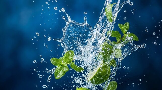 Fresh lime and mint leaves splashing in water