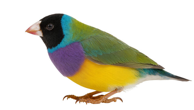 Isolated Gouldian finch with vibrant multicolored plumage standing in profile view