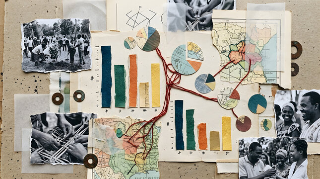 Abstract Ethnographic Research Mood Board with Vintage Maps, Photos, and Hand-Cut Data Charts