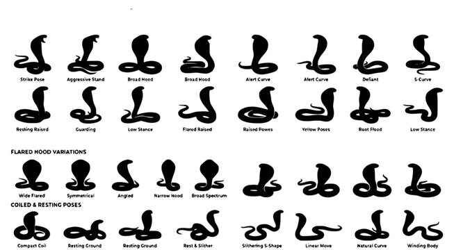 Comprehensive cobra silhouette chart featuring various head hood variations and coiled resting poses for educational and design reference on white background in professional vector graphic format