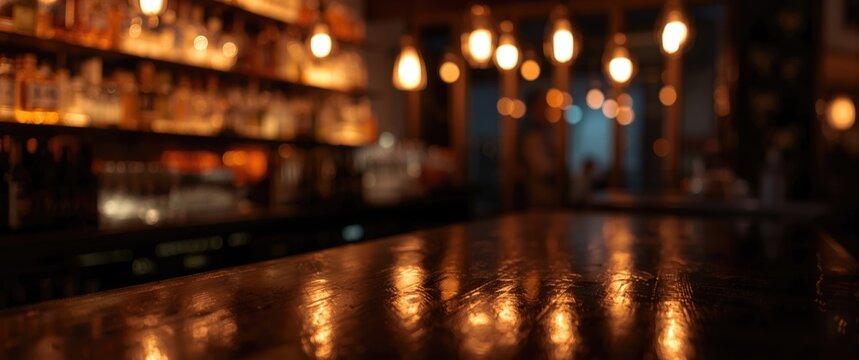 Dimly lit bar with glowing lights and polished countertop