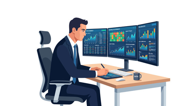 Businessman Working on Laptop Computer at Office Desk Vector Illustration for Corporate Business Technology Communication and Professional Workplace Concept