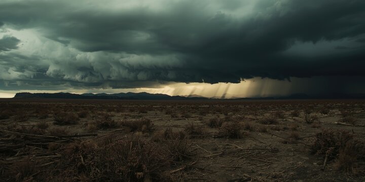 Dark storm clouds over a barren landscape with mountains in the distance