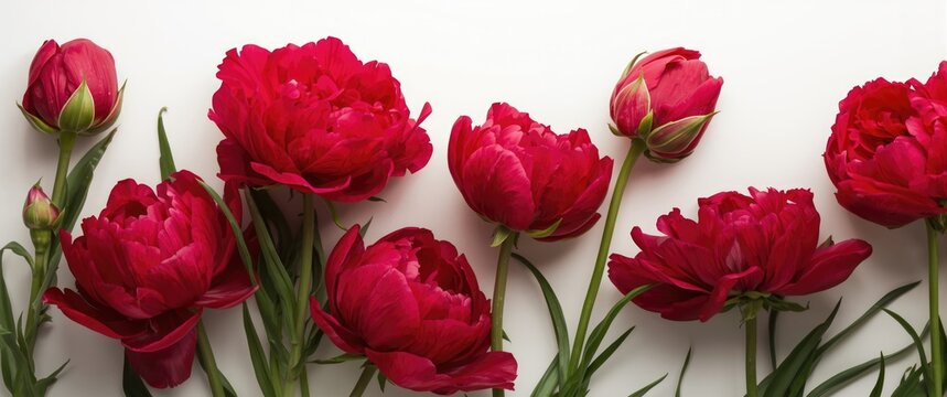 Red peonies arranged on a white background