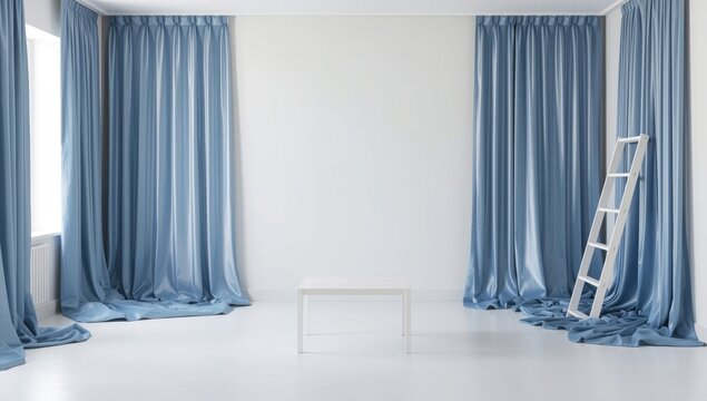 Living room featuring a white ladder table and flowing blue draperies