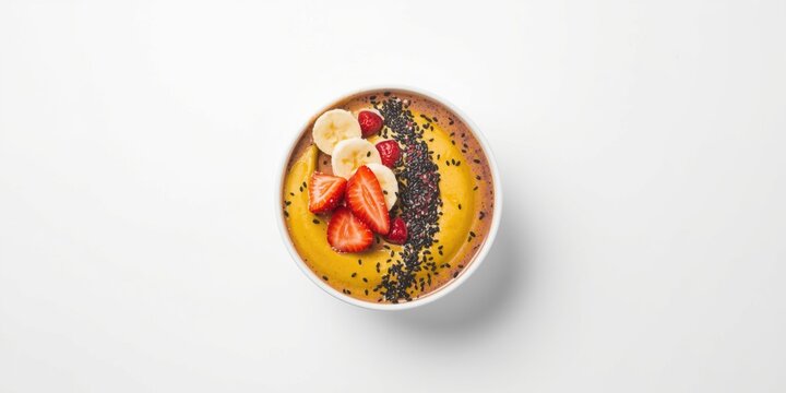 Delicious smoothie mix of bananas and strawberries topped with fresh banana pieces and black sesame seeds on white