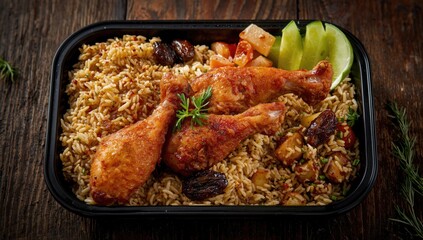 Fototapeta premium Grilled chicken with rice and vegetables in a takeout container