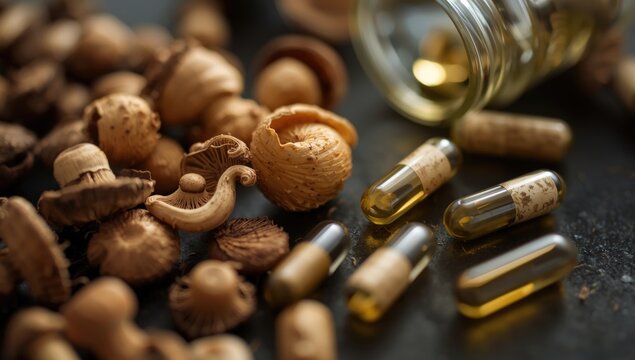 Dried mushrooms and herbal capsules on a dark surface