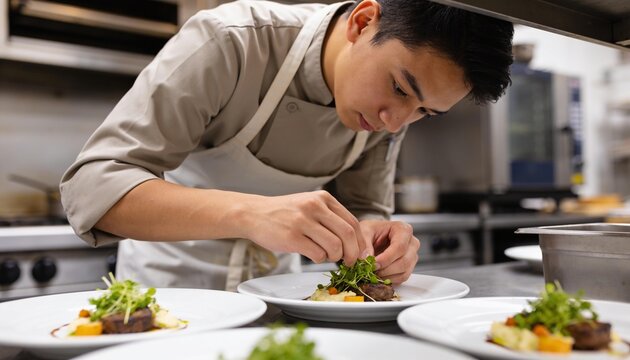 Young adult Asian male chef meticulously plating gourmet meat dishes with microgreens in a professional kitchen, culinary arts and fine dining expertise for restaurant service