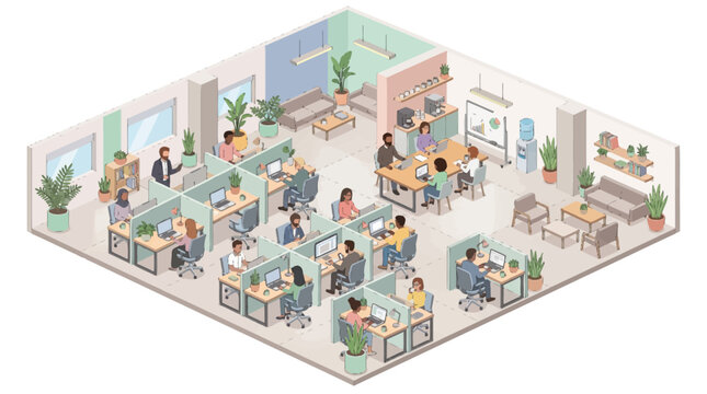 Isometric montage of business people working in office with computers and finance concept featuring city buildings, bank, money, and technology vector illustration collage