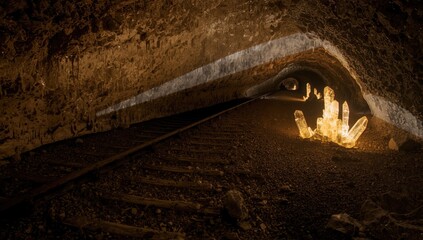 Fototapeta premium Crystal formations illuminated in an abandoned mine tunnel