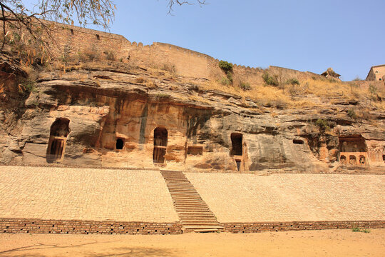 Siddhachal Caves or Siddhanchal Jain Collosi  Jain cave monuments and colossal carved into the rock face inside the Urvahi Gate of the Gwalior Fort in Gwalior, India.