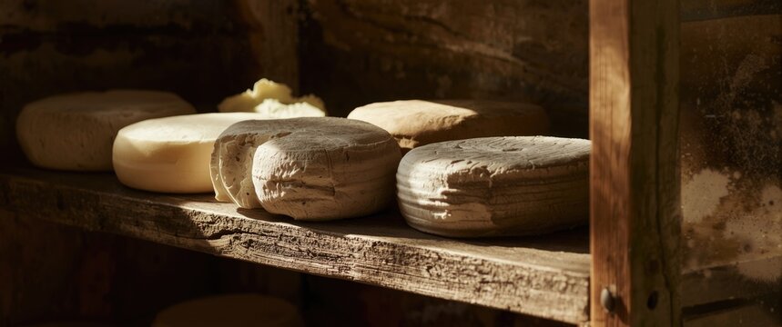 Assorted cheese wheels on a rustic wooden shelf