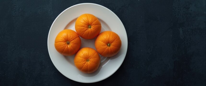 Four oranges on a white plate against a dark background