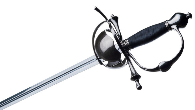 Isolated elegant antique rapier sword with intricate polished metal hilt and sharp gleaming blade.