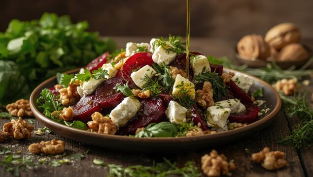 Savory Mediterranean salad with goat cheese, red beetroot, walnuts, olive oil, and a mix of fresh herbs