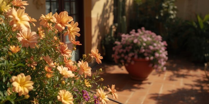 Vibrant flowering plants and green foliage surround a sunlit patio featuring terracotta tiles and a potted plant