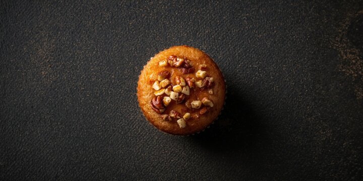 Sweet potato muffin with a pecan and walnut topping on a dark textured background