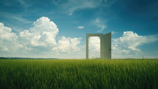 Summer landscape artwork with open door, detailed green grass, and floating cloud formations