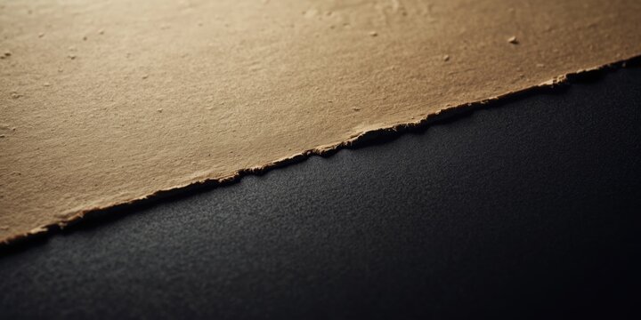 Ripped edges of beige craft paper with visible texture on black floor background
