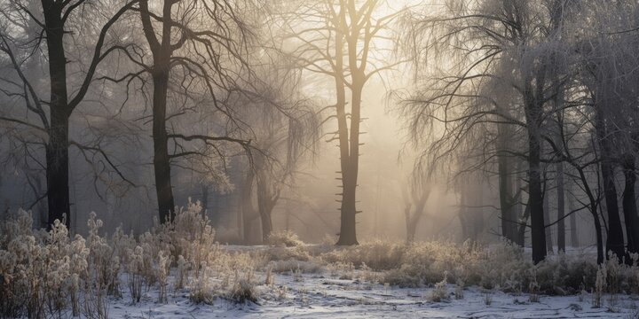 Frosty trees in a misty winter forest