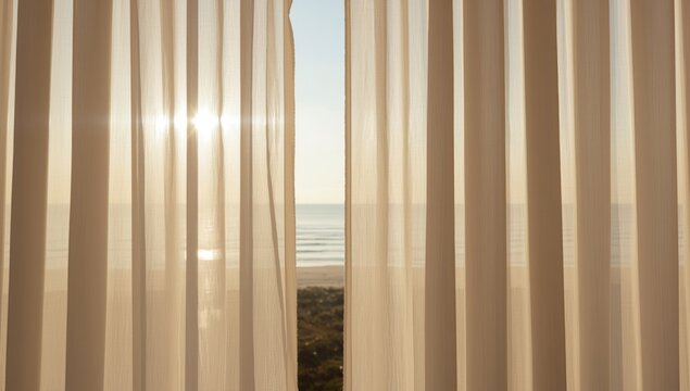 Sunlight shining through sheer curtains overlooking the ocean