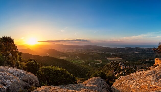 Sunrise Panorama Over Sardinian Countryside From Giara Di Gesturi