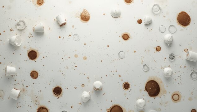 White surface with random coffee cup ring spots and copy space