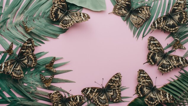 Collection of striped butterflies resting on tropical pastel background with copy space