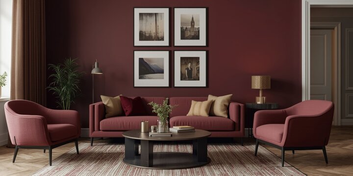 Modern living room with burgundy walls and stylish furniture