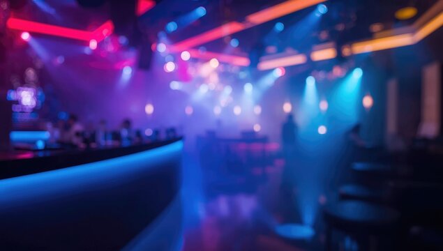 Blurred nightclub scene with colorful lights and empty bar.