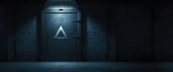 Museum bunker door closed with triangle symbol in low light and copy space included © The 2R Artificiality