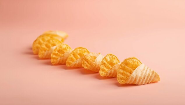 Snack sized crispy potato chips wrapped on a gentle pastel background with copy space