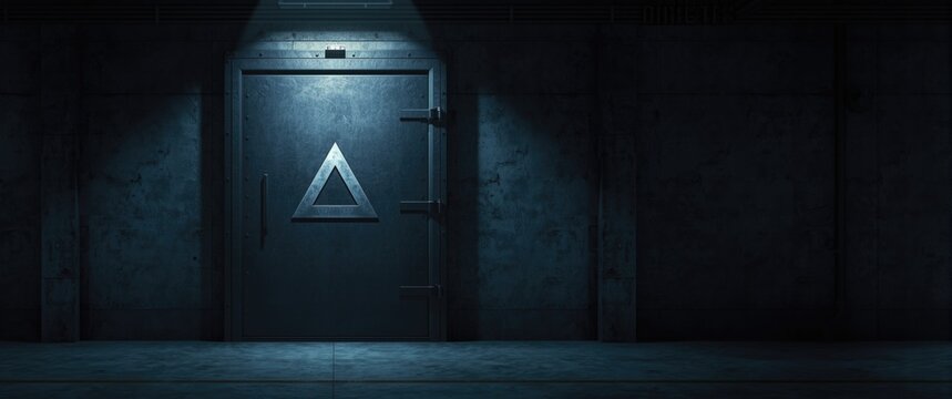 Museum bunker door closed with triangle symbol in low light and copy space included